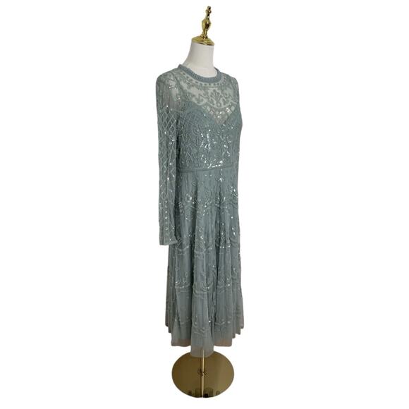Mac Duggal 9142 Sequined Illusion Long Sleeve Midi Dress Seafoam Size 10 $498 - Picture 3 of 11
